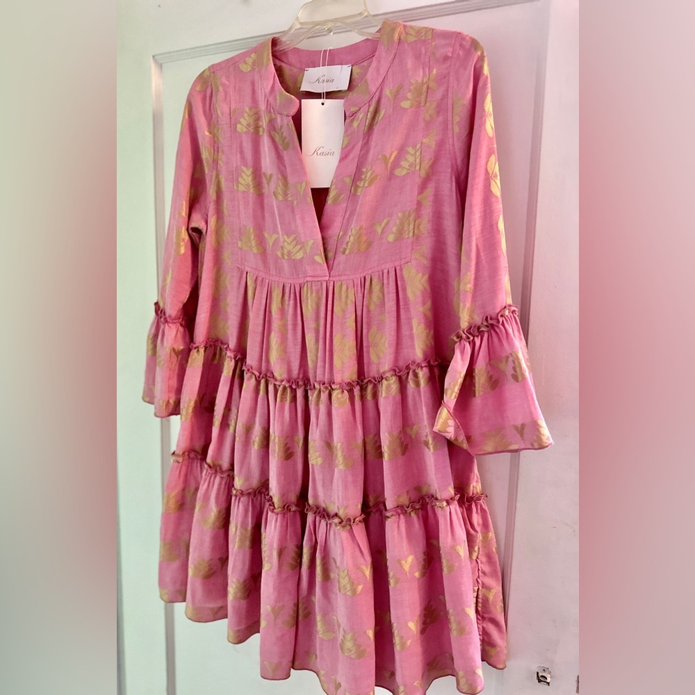 Kasia Greek Designer dress Aztec print flowy ruffle hem RUNS LARGE